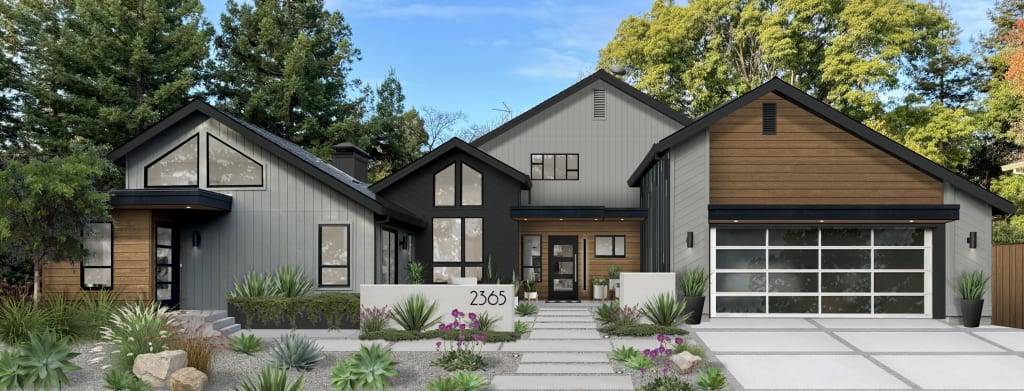 A rendering of a home with multiples types of siding