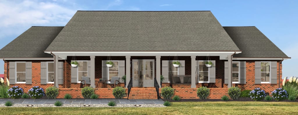 A virtual rendering of a brick home with painted farmhouse porch columns