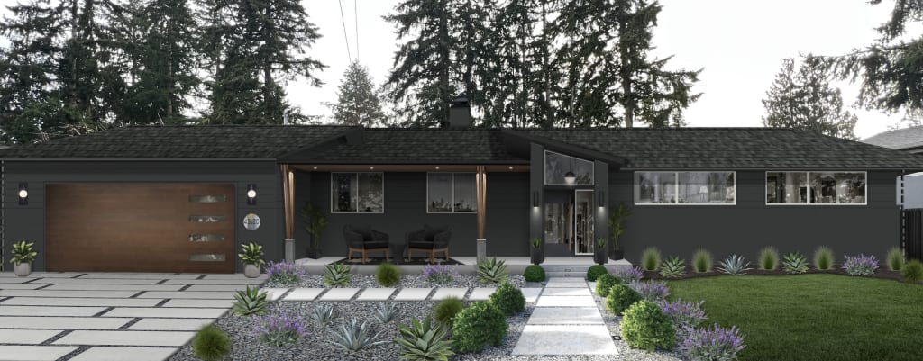 One story modern home with wood columns and garage door, a stone and paver walkway, and black paint.