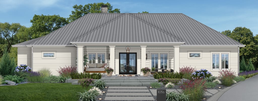 ranch with gray steel hip roof, white siding, and exterior double doors