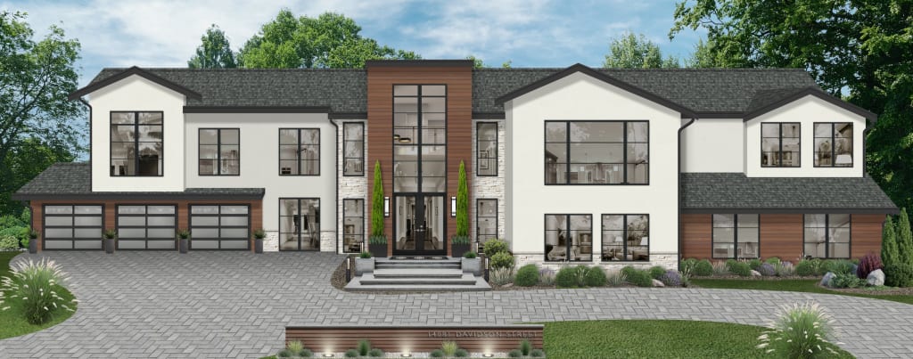 modern home with white stucco, stone, and Ipe siding