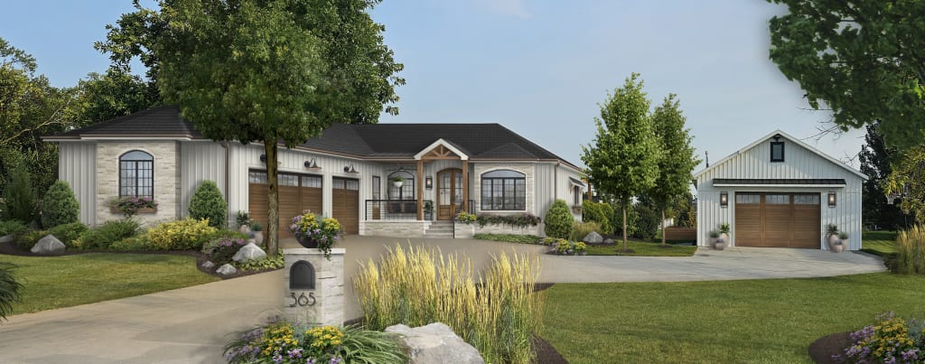 white house with stand alone garage