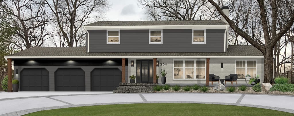 A virtual rendering of a home's exterior featuring Benjamin Moore's Cape May Cobblestone
