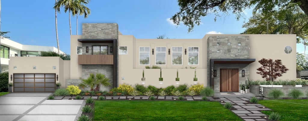 modern house with a courtyard seating area by the entrance that's part of brick&batten's houses with courtyards design roundup