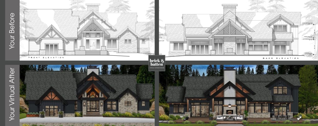 digital before and after with a blueprint of a rustic stone lodge house with black paint color and stone with wood accents
