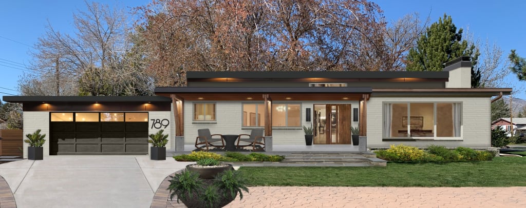Virtual exterior design of a midcentury modern ranch