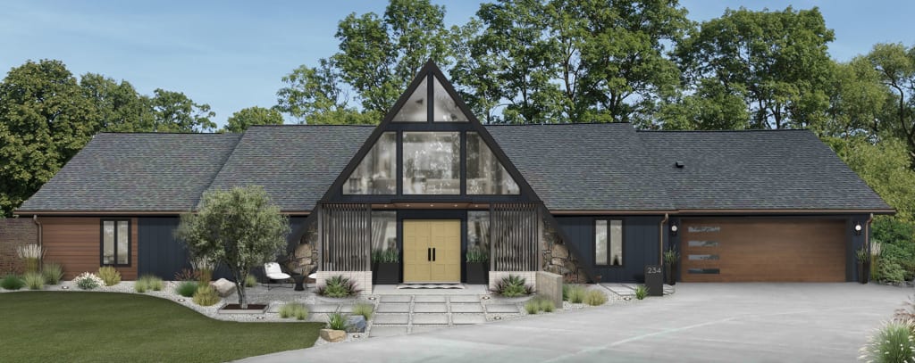 modern house with navy siding, wood paneling, and a mustard yellow front door