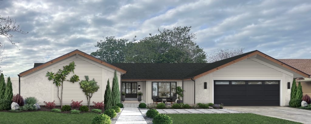 gray house with black garage door and wood trim