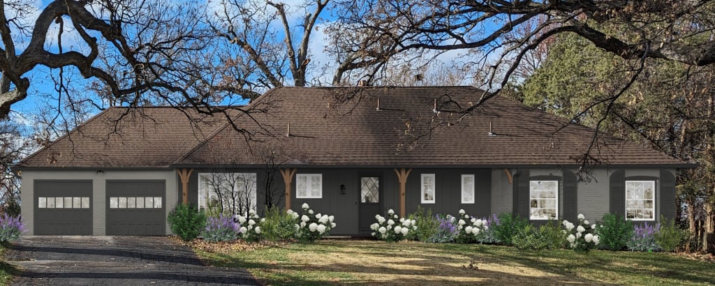 Digital rendering of a ranch-style home with a monochromatic gray color palette.