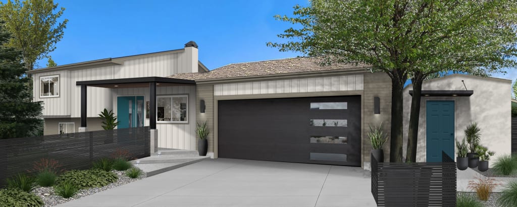 white house with black accents and teal front door