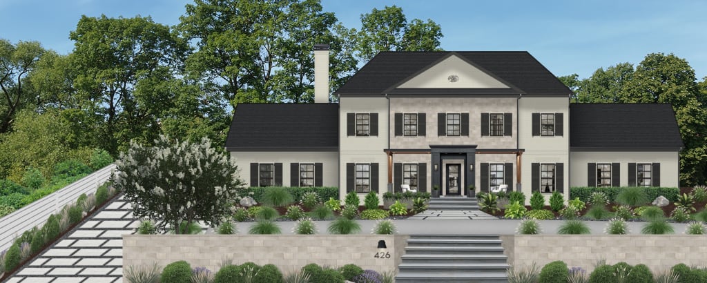 Digital rendering of a large colonial brick home with black shutters, and symmetrical landscaping.