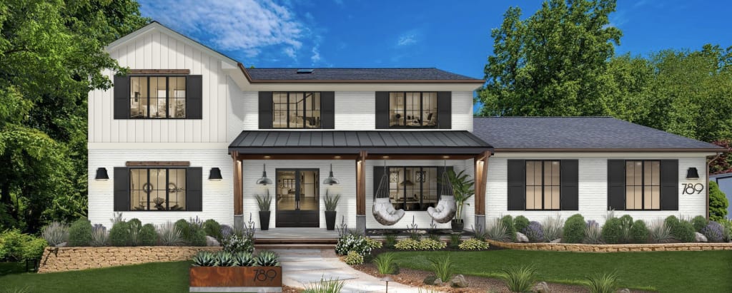 modern farmhouse with white siding and black shutters