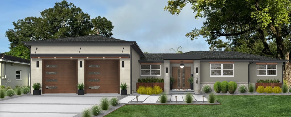 contemporary home with modern garage door awnings