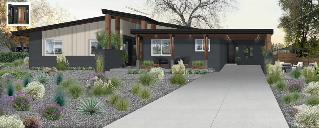 Mid-century modern home in a southwestern setting, with wood columns, a matching carport, and a shed roof over the entry.