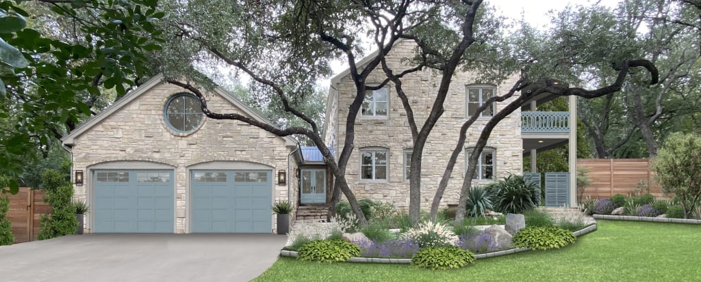 A rendering of a home with blue garage doors