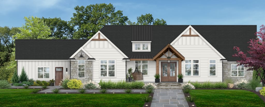 Pure White by Sherwin Williams on a farmhouse with wood columns, wood corbels, and stone accents.