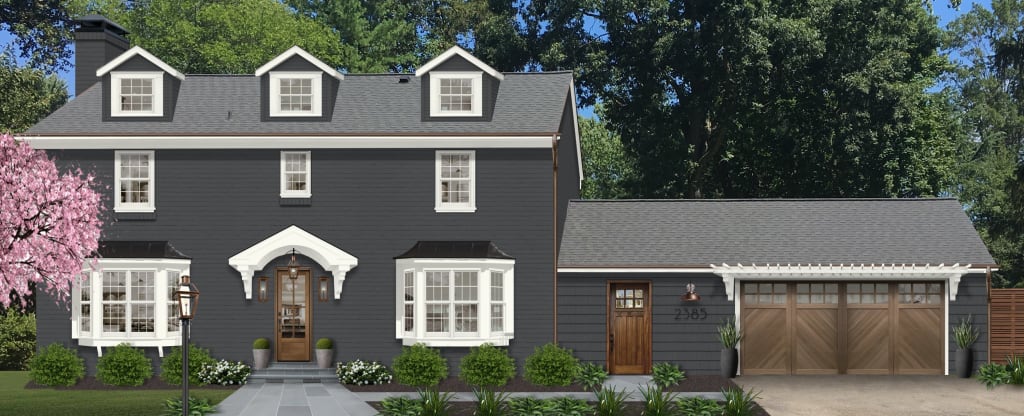 A home rendered in Benjamin Moore's Cheating Heart — one of our top exterior house colors for 2024