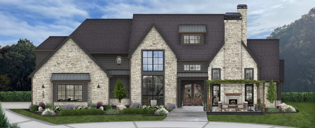 A rendering of a modern mansion exterior