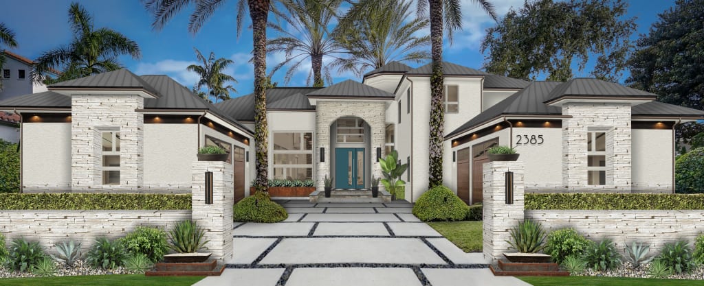 Virtual rendering of a home with a Galapagos Turquoise front door