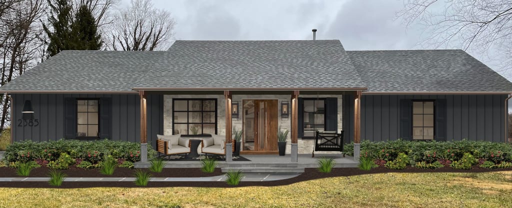 modern ranch vertical painted gray siding with white brick porch and wood columns