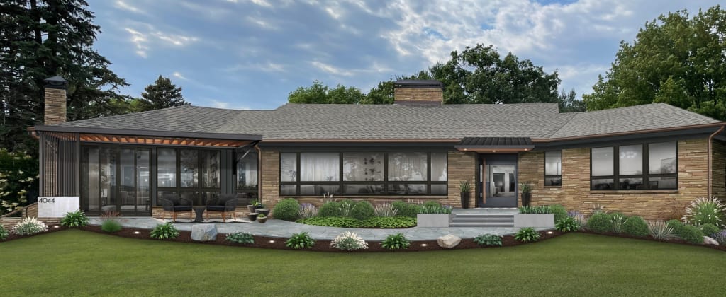 ranch home with a sunroom on the left side