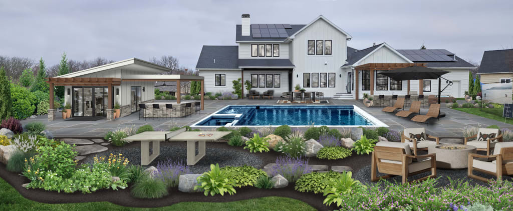 Ultimate backyard with aa pool, pingpong table, firepit, pool house with a bar, and an outdoor kitchen.