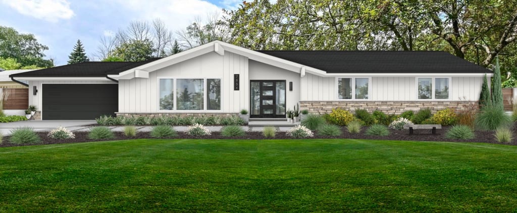 Design rendering of a single-story home with white paint and a black roof.