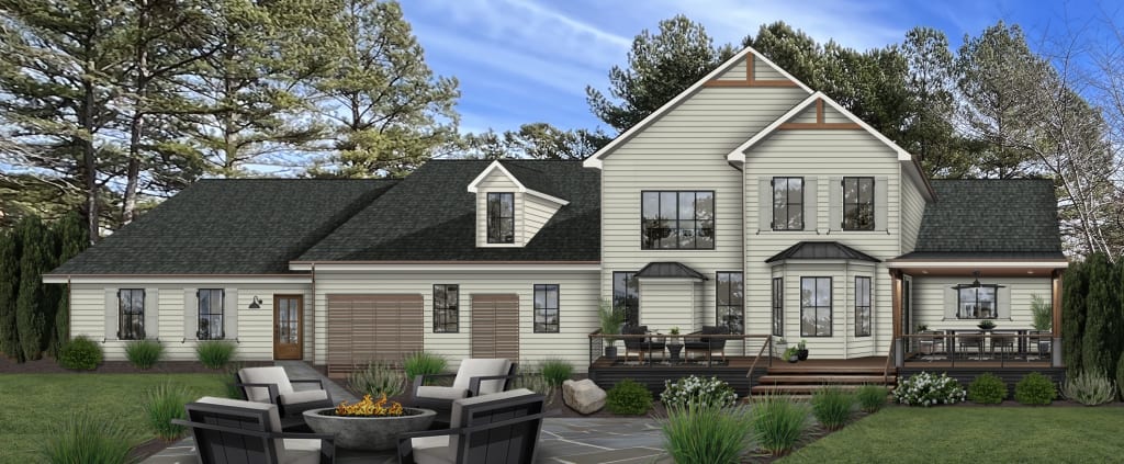 A rendering of a backyard with an outdoor dining table