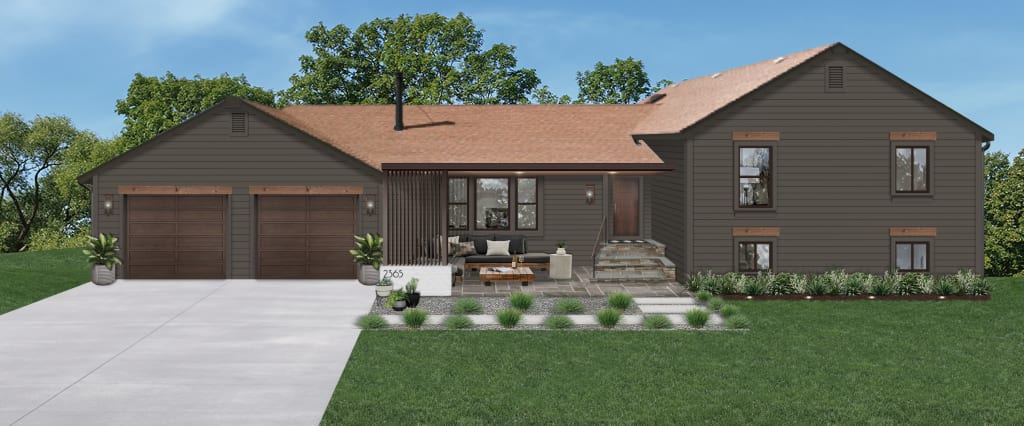 Digital rendering of a farmhouse painted in Dragon's Breath by Benjamin Moore with a brown roof, wood garage doors, and wood lintels.
