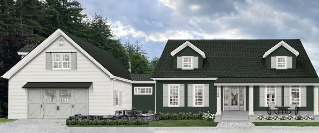 Photorealistic design rendering of a home exterior with dark green and white siding.