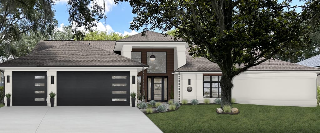 A rendering of a stucco home with a section of metal siding