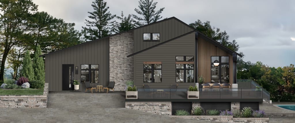 Digital rendering of a modern home exterior with wood, stone, and painted siding.