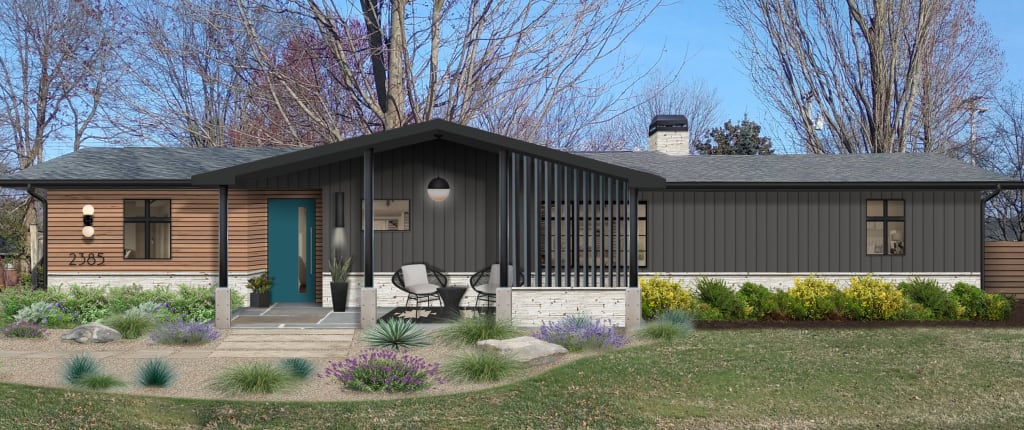 modern ranch with gray siding, teal door and wood accents