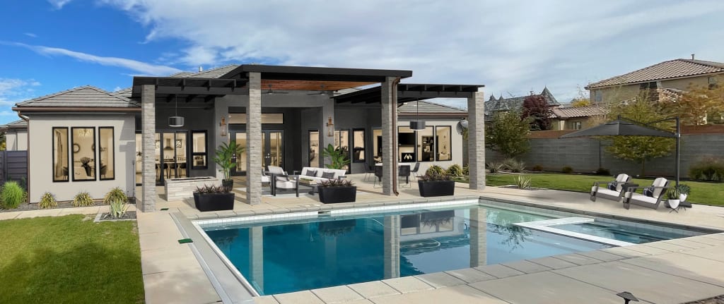 modern home with a pool and sleek lounge area