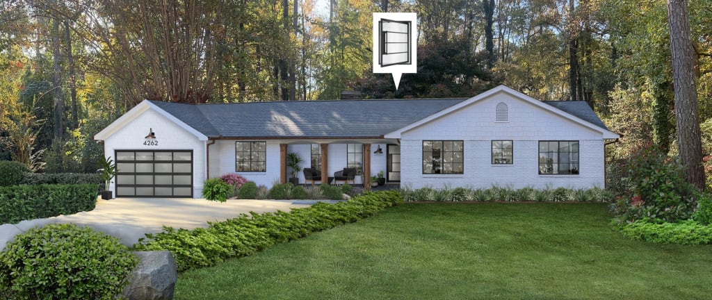 A rendering of a home with some of brick&batten's favorite driveway landscape ideas implemented
