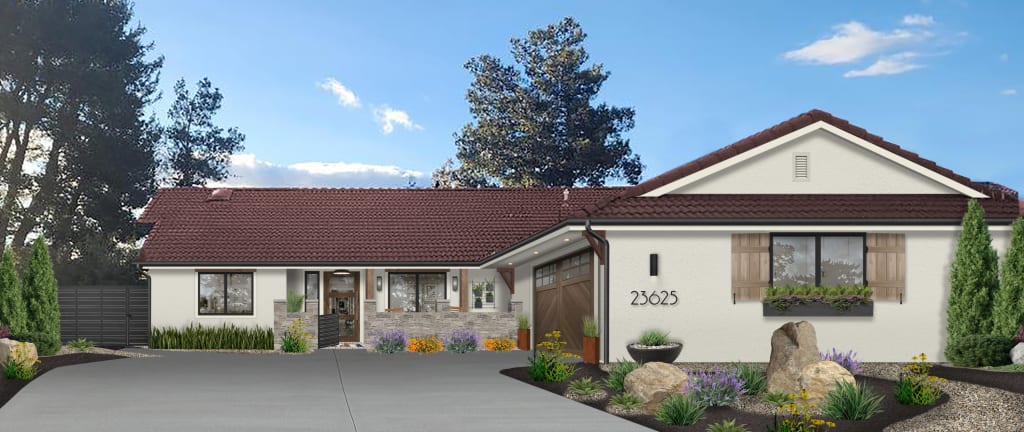 A rendering of a home exterior with a window box