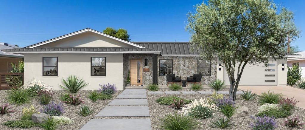 Virtual rendering of a Southwest rancher painted in Westhighland White by Sherwin Williams with gray stone cladding, a modern garage door, and black windows.