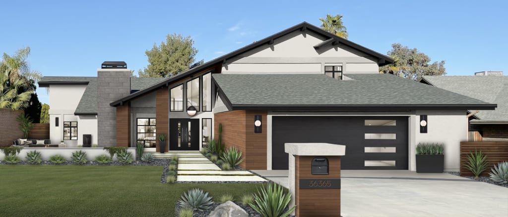 Digital rendering of a modern style home painted in Heron Plume by Sherwin Williams with black accents, wood cladding, black windows, and a modern garage door.