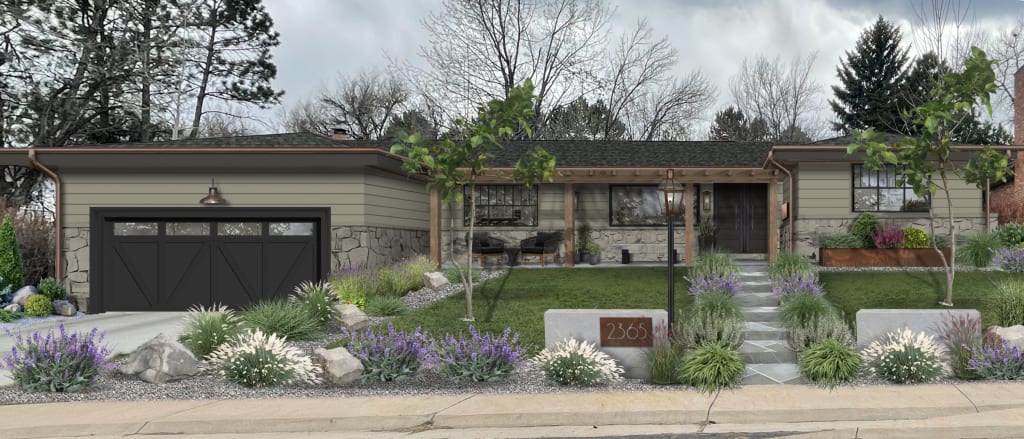 L-shaped house exterior with green and stone siding.