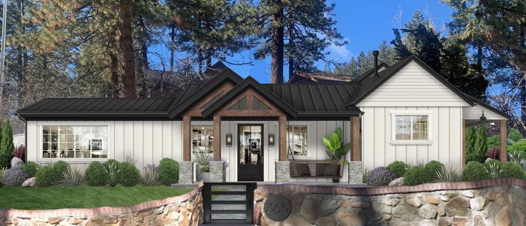 white house with black roof and black front door
