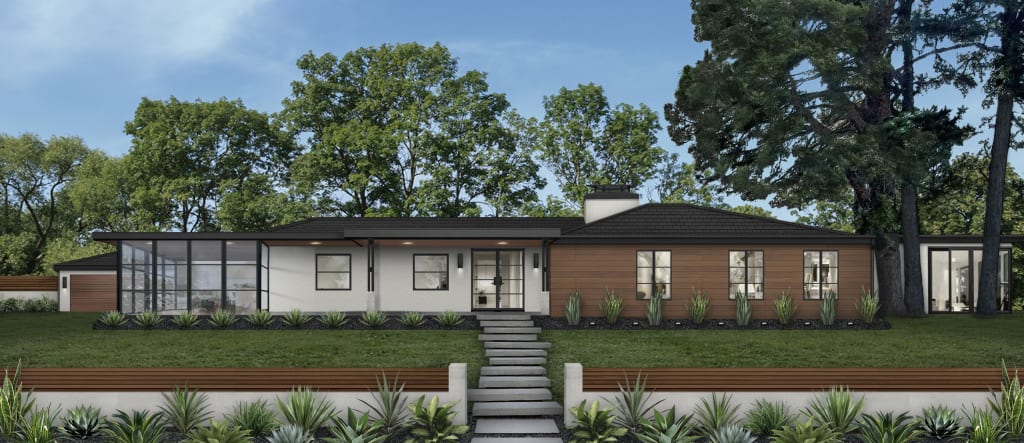 ranch home with a sunroom on the left end