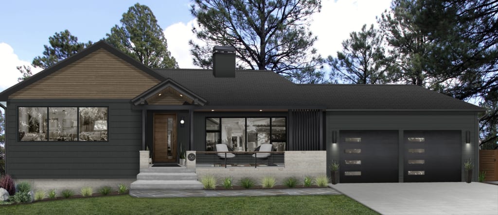 Virtual rendering of a home painted in Greenblack by Sherwin Williams' with black garage doors, black windows, and a wood front door.