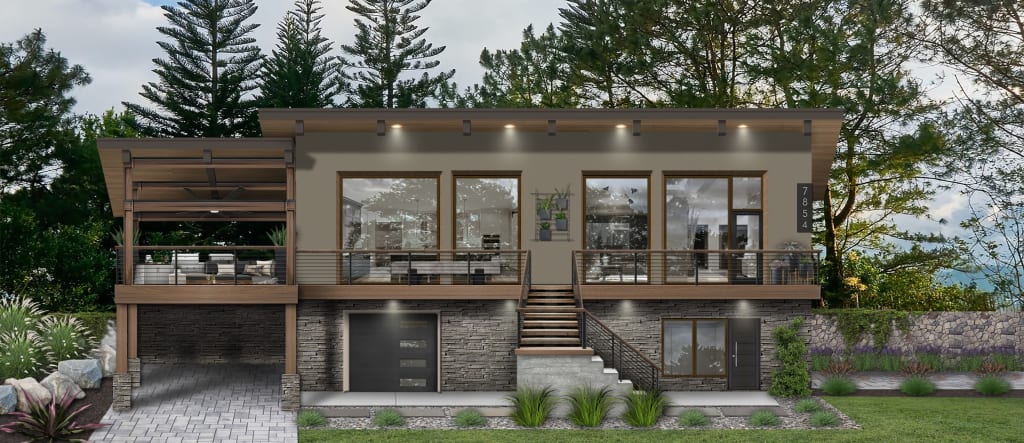 A rendering of a home with an organic modern exterior