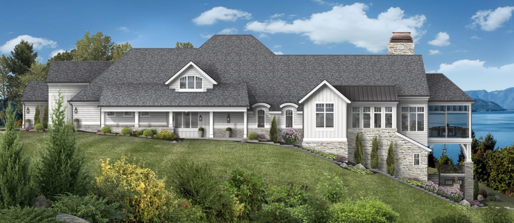 A rendering of a home exterior located on the water