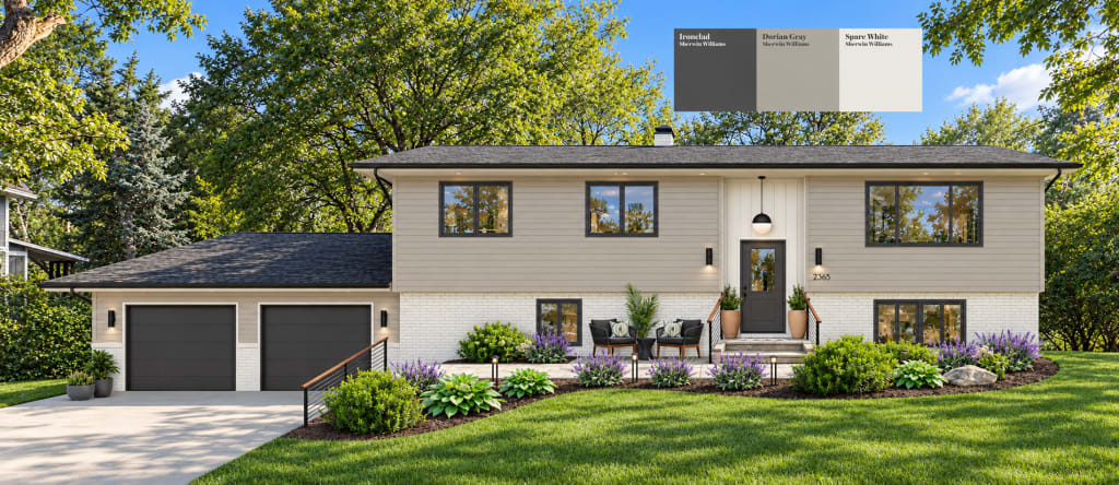A split-level house shown in a virtual design by brick&batten.