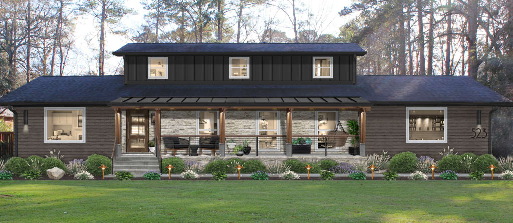 A virtual rendering featuring black house siding, painted brick, and stone