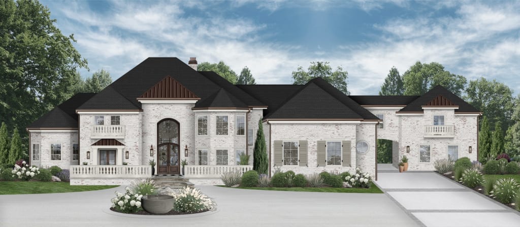 What to ask a contractor to achieve this design of a large Tudor style home, painted in white, with dark greige shutters, and a black roof.