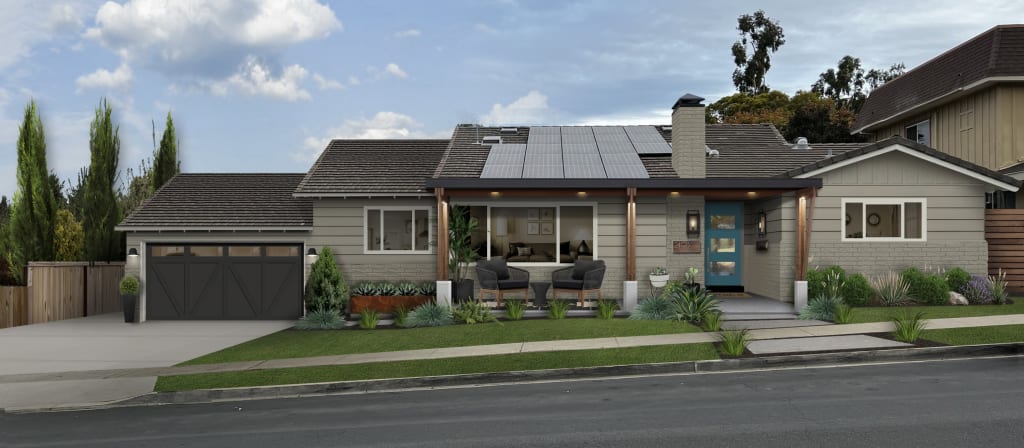 ranch home with greige siding, solar panels, and a turquoise front door