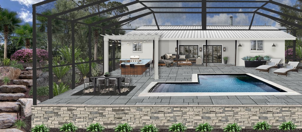 white ranch with a pergola, pool, and lanai
