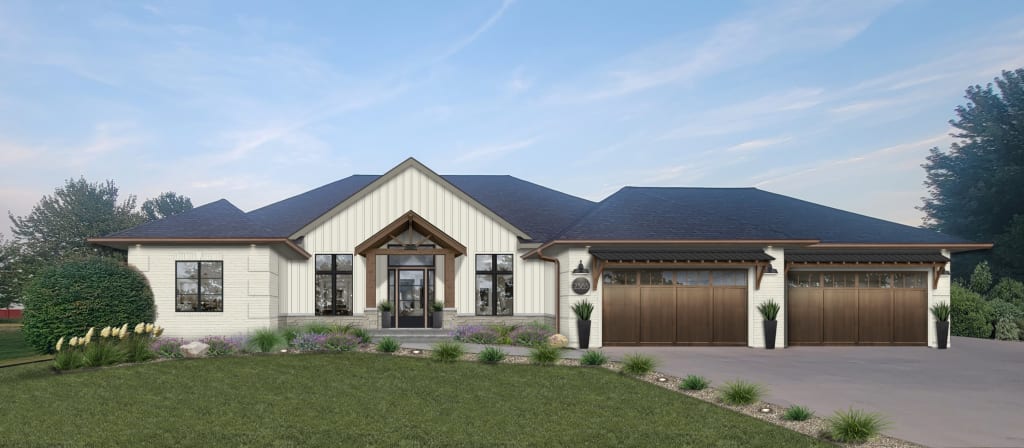 A rendering of a home with trim painted with Benjamin Moore's Desert Twilight